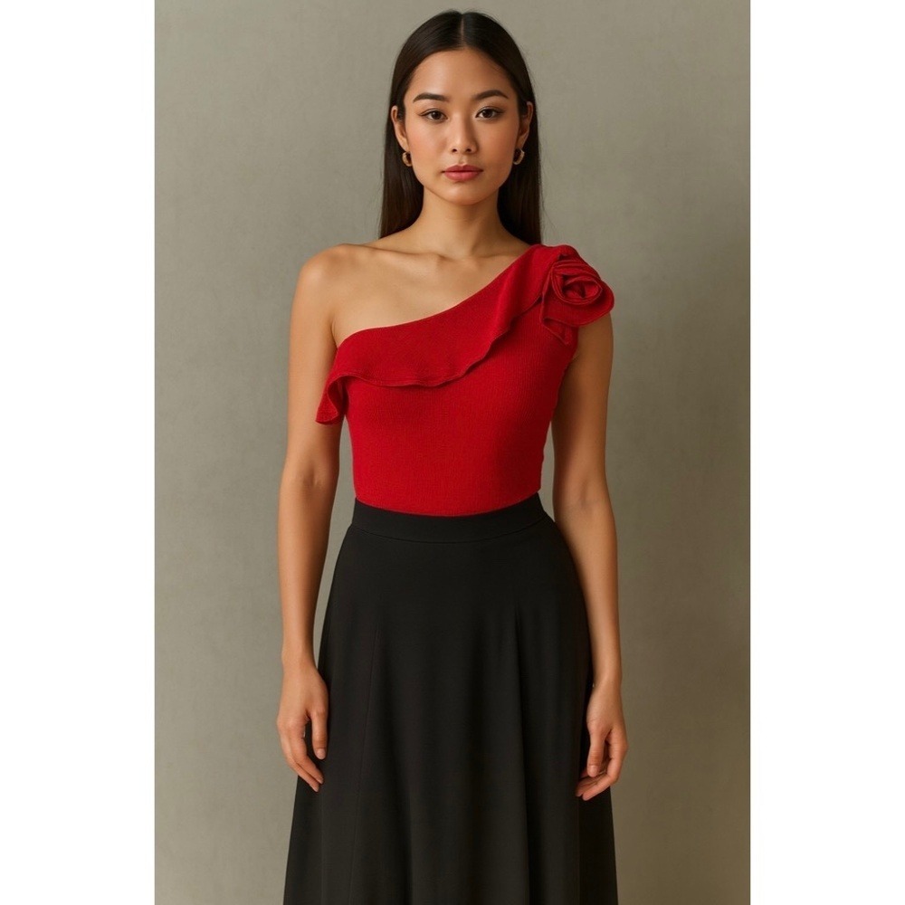 NWT!! ST. JOHN Evening Red Wool One Shoulder Sweater‎ Ruffled Size P X-Small